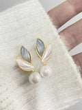 Leaf Pearl Drop Earrings – Gold Tone Elegant Floral Earrings for Women