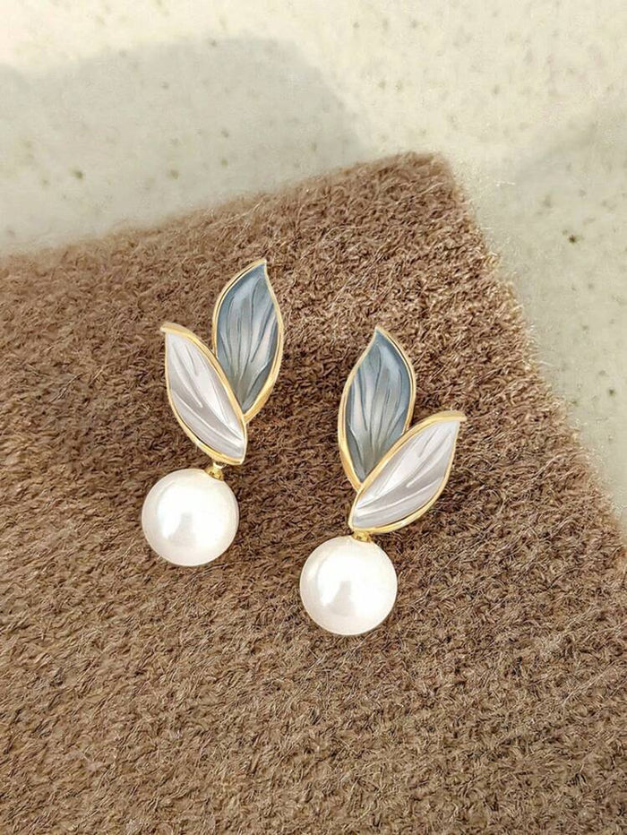 Leaf Pearl Drop Earrings – Gold Tone Elegant Floral Earrings for Women