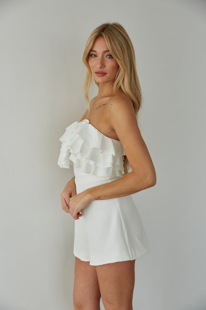 white strapless ruffle bust romper - bachelorette outfit inspo - sorority rush romper