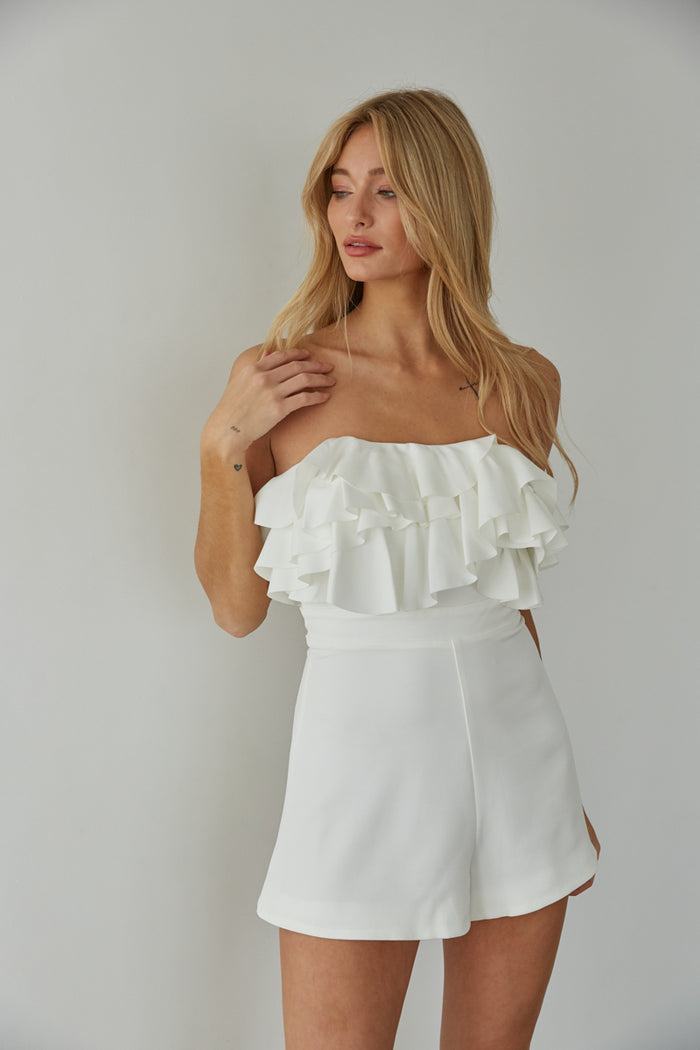 strapless white romper - white graduation romper - sorority recruitment outfit inspo