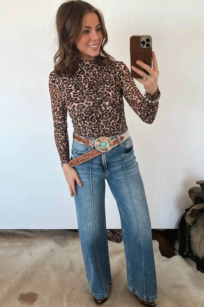 Leopard High Neck Long Sleeve Western Slim Top – Khaki