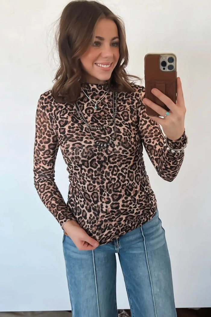 Leopard High Neck Long Sleeve Western Slim Top – Khaki