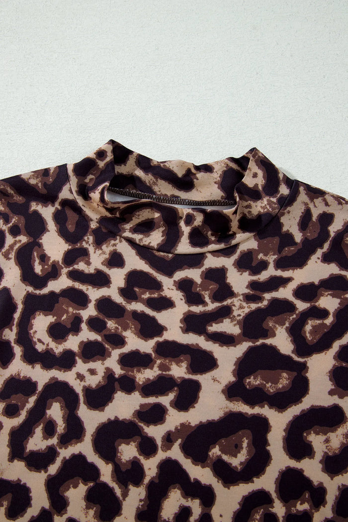 Leopard High Neck Long Sleeve Western Slim Top – Khaki