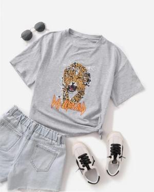 Leopard Print Casual T-Shirt â€“ Grey