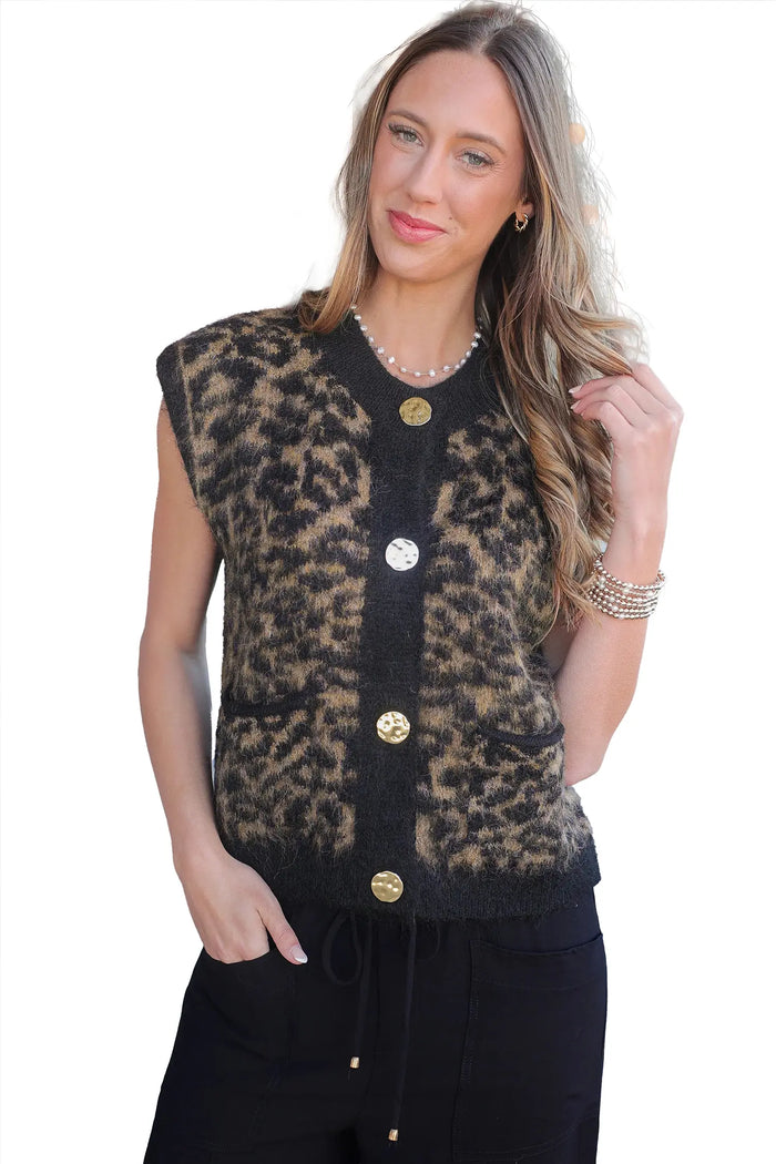 Leopard Print Knit Sleeveless Regular Wash Sweater Vest – Pink