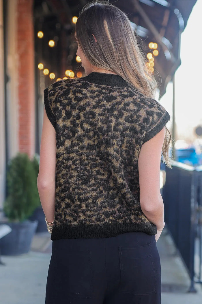 Leopard Print Knit Sleeveless Regular Wash Sweater Vest – Pink