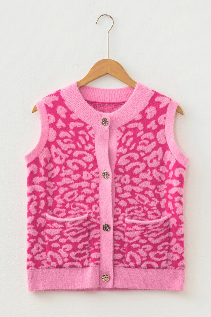 Leopard Print Knit Sleeveless Regular Wash Sweater Vest – Pink