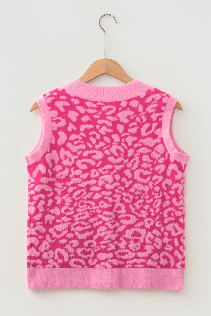 Leopard Print Knit Sleeveless Regular Wash Sweater Vest – Pink