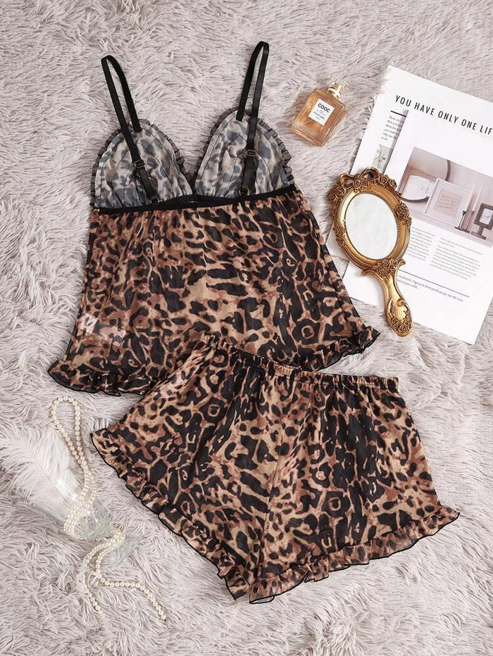 Leopard Print Lace Pajama Set – Women Stylish Sleepwear