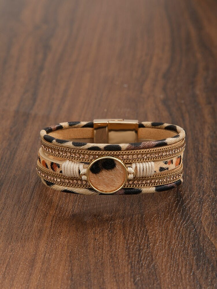 Leopard Print Layered Wrap Bracelet – Gold Tone Magnetic Clasp Statement Bracelet for Women