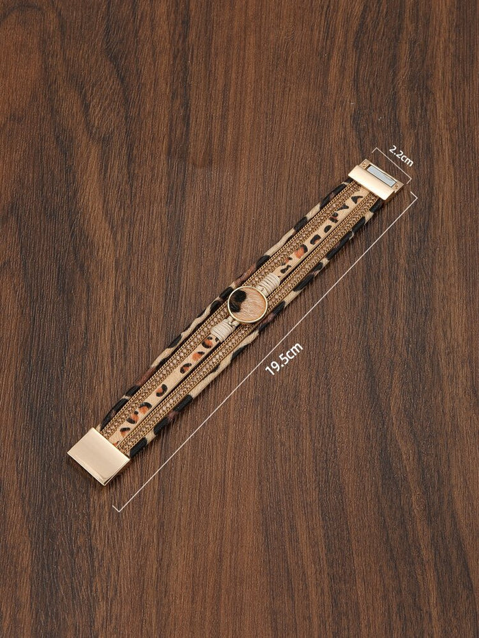 Leopard Print Layered Wrap Bracelet – Gold Tone Magnetic Clasp Statement Bracelet for Women