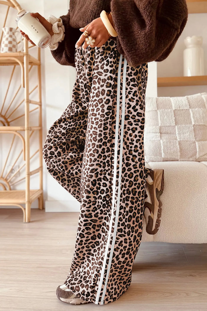 Leopard Print Side Striped Detail Casual Wide Leg Pants – Beige