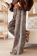 Leopard Print Side Striped Detail Casual Wide Leg Pants – Beige