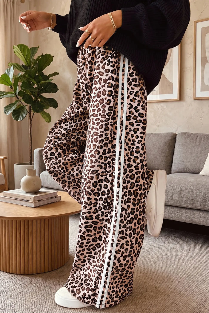 Leopard Print Side Striped Detail Casual Wide Leg Pants – Beige