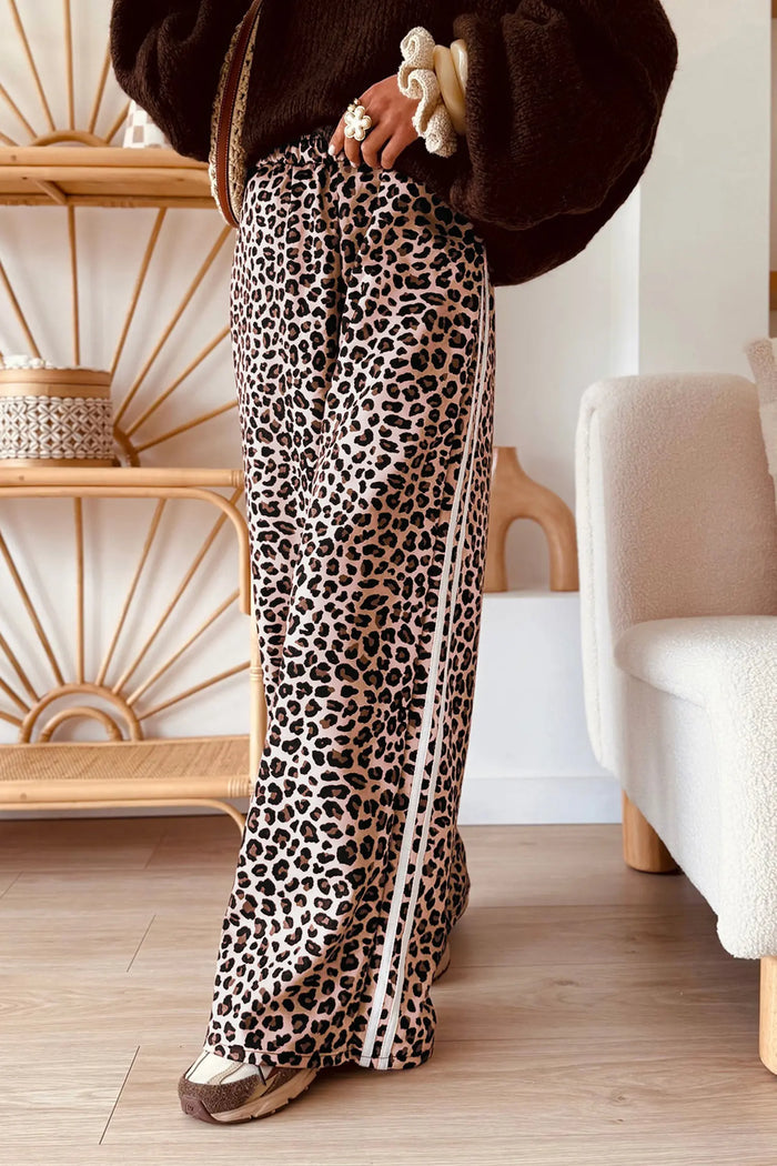 Leopard Print Side Striped Detail Casual Wide Leg Pants – Beige