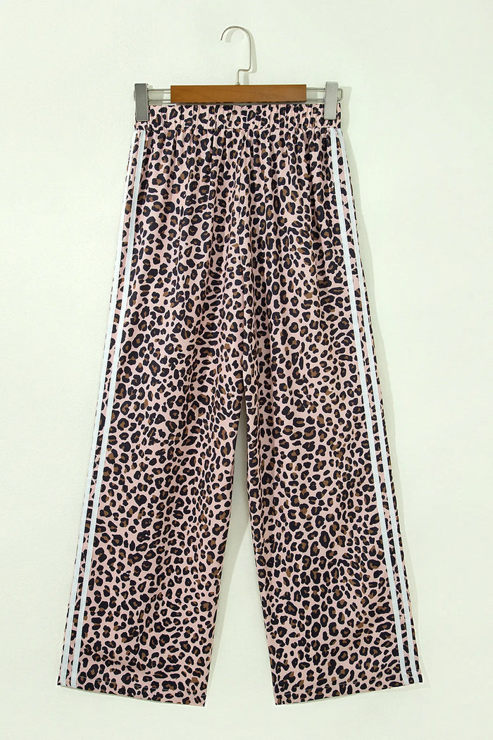Leopard Print Side Striped Detail Casual Wide Leg Pants – Beige