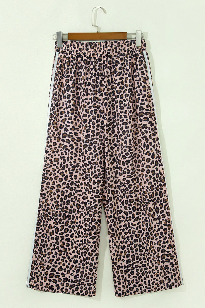 Leopard Print Side Striped Detail Casual Wide Leg Pants – Beige