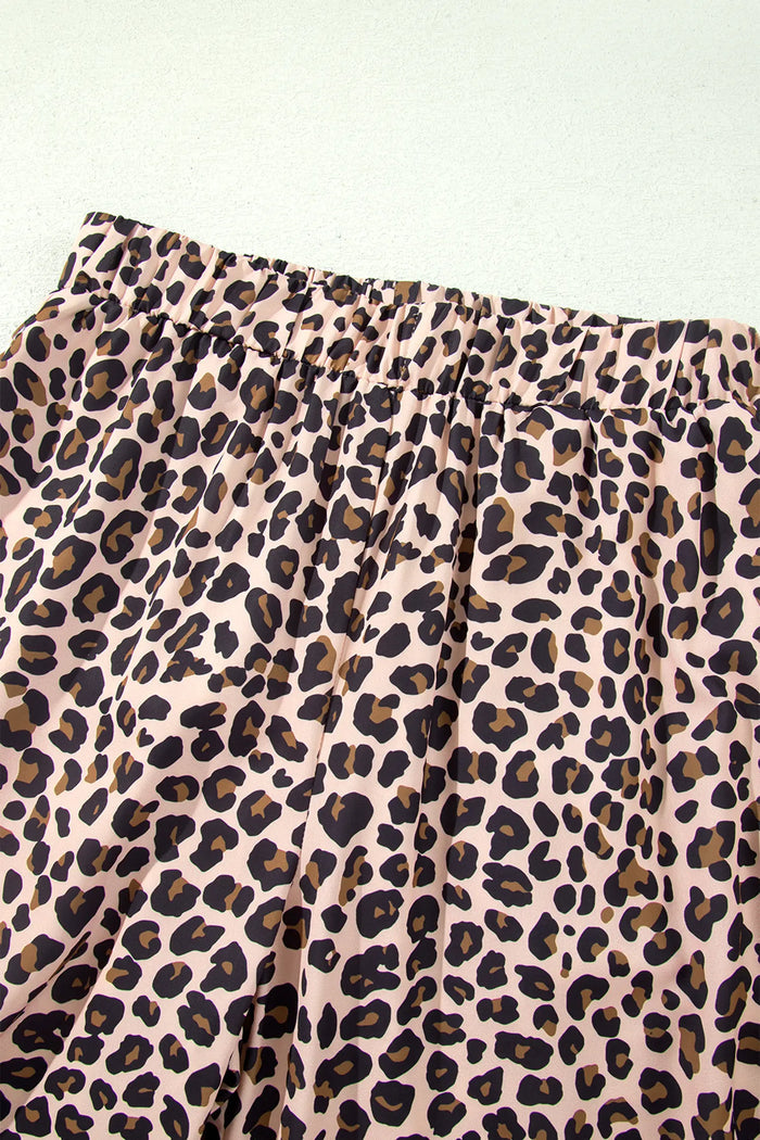 Leopard Print Side Striped Detail Casual Wide Leg Pants – Beige