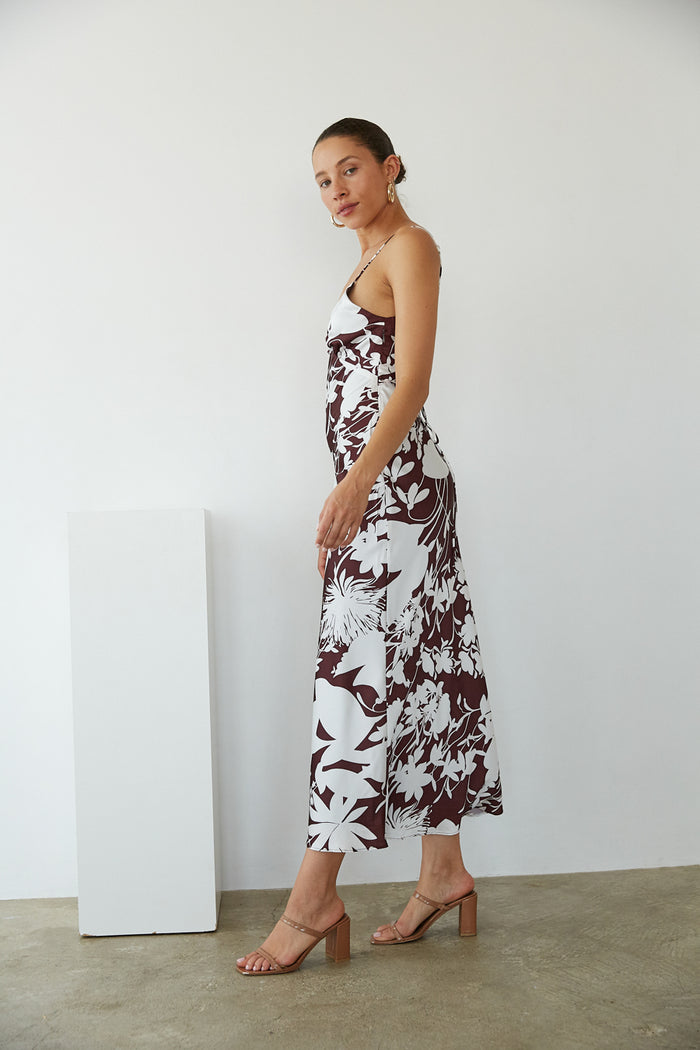 side view | brown floral satin maxi dress | tropical fall maxi dress