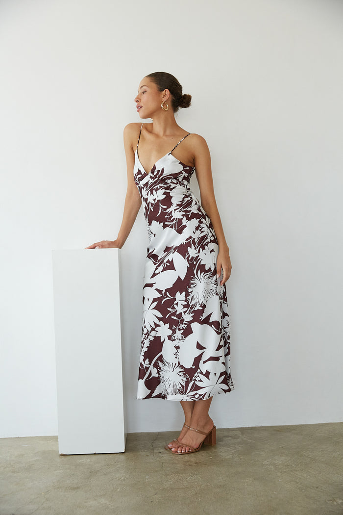 brown floral satin maxi dress | tropical fall maxi dress