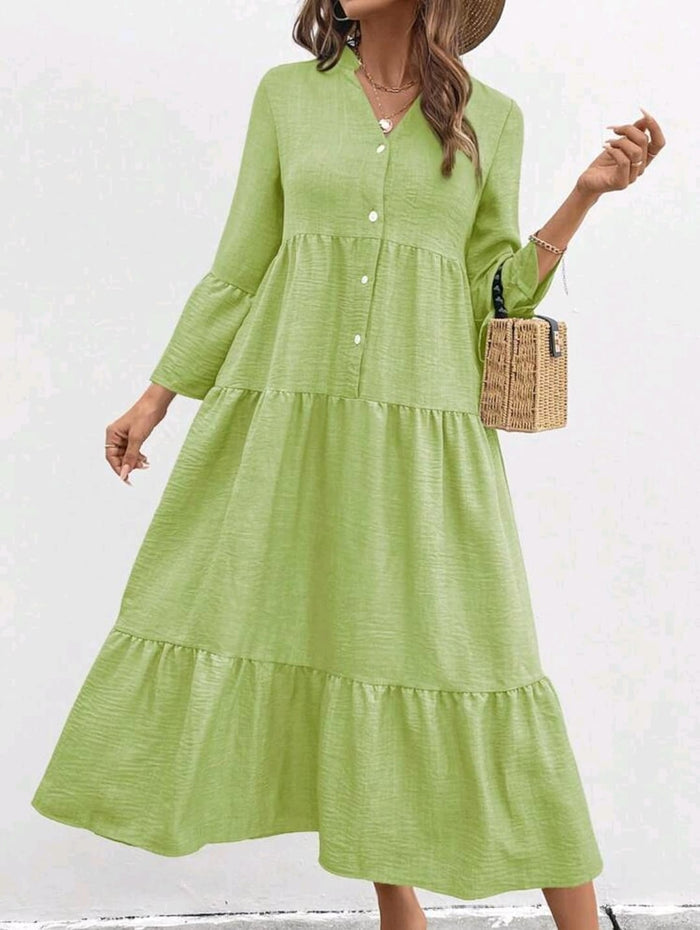 Light Green Tiered Maxi Dress – Casual Button Front Women Long Dress