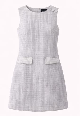 Light Grey Tweed Sleeveless Mini Dress – Elegant Pocket Detail Shift Dress for Women