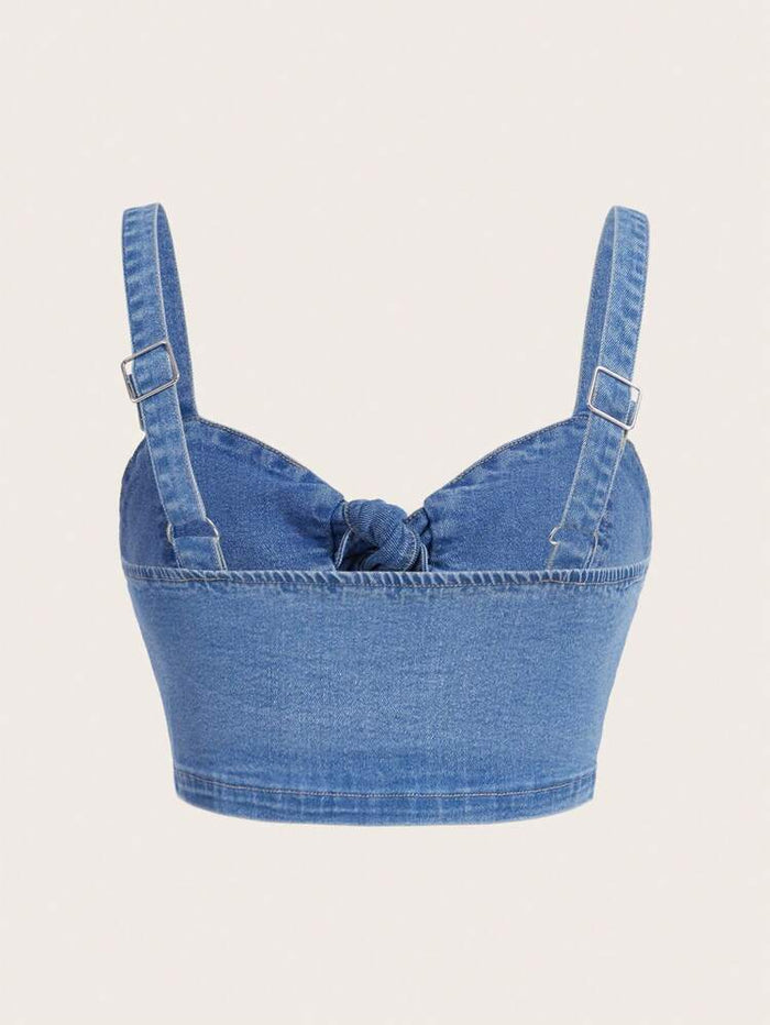 Light Wash Denim Tie Front Crop Top – Button Front Bustier Cami Top – Adjustable Strap Slim Fit