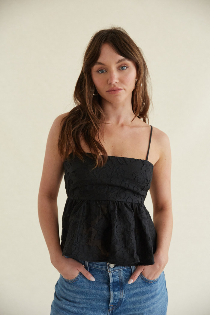 black floral peplum top - black babydoll crop top - embroidered peplum top for spring