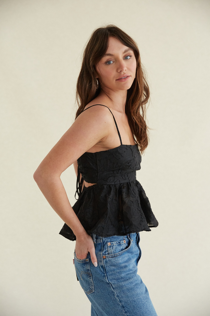 keyhole back peplum top - black spaghetti strap peplum top - floral embroidered black blouse