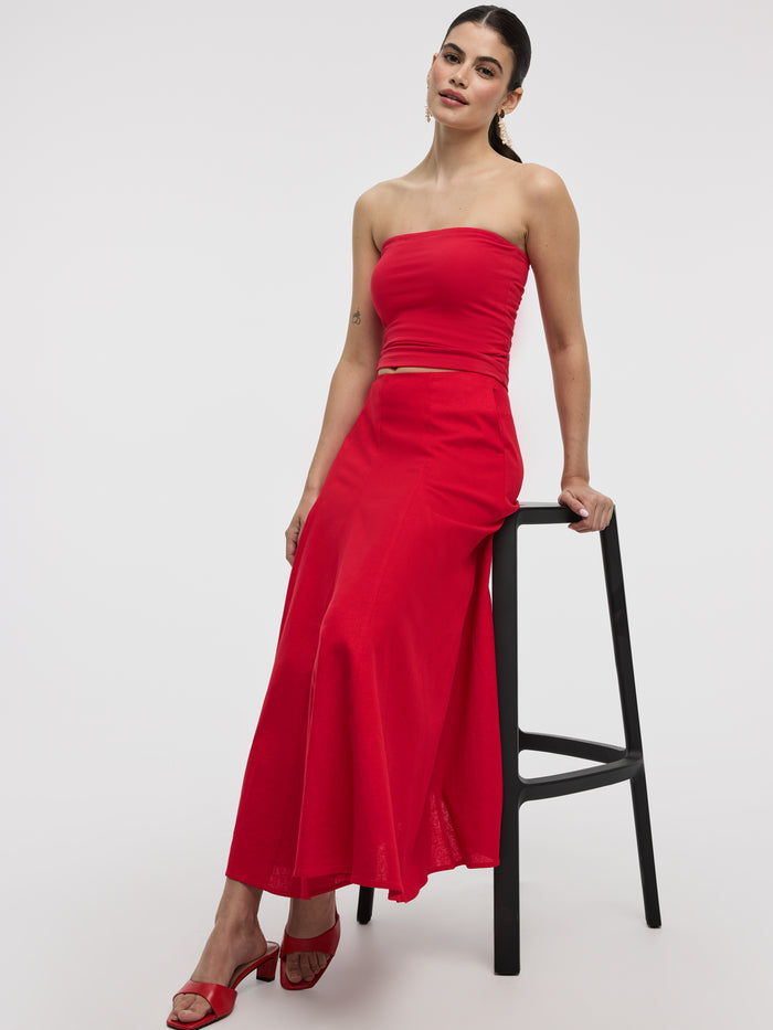 Linen High-Rise A-Line Midi Skirt