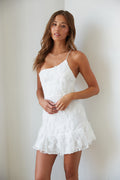 one shoulder little white mini dress with lace overlay and ruffle hem | sorority rush mini dresses