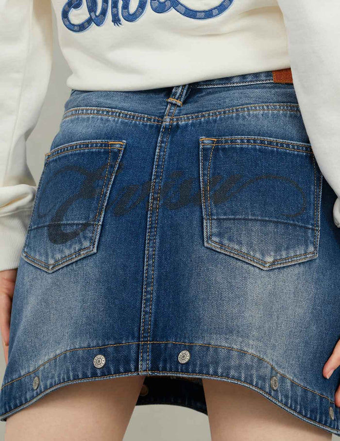 Logo Print Fashion Fit Detachable Denim Skirt