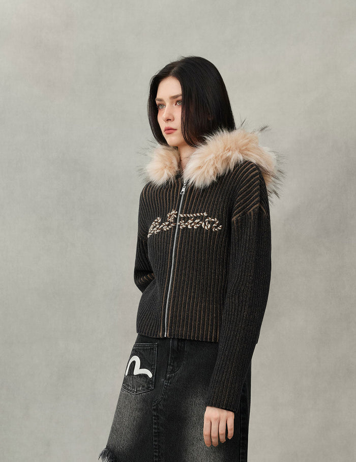 Logo Rope Embroidery Regular Fit Knitted Jacket with Hooded