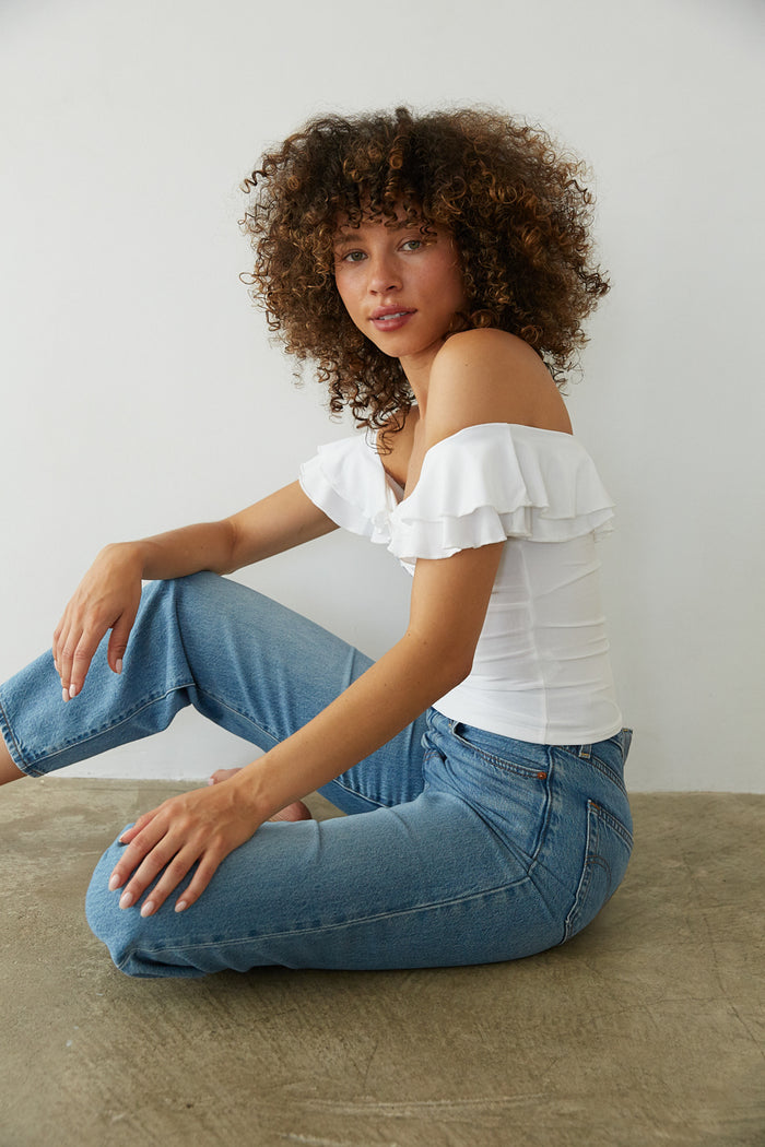 side view | white twist front off the shoulder tank top | white-image