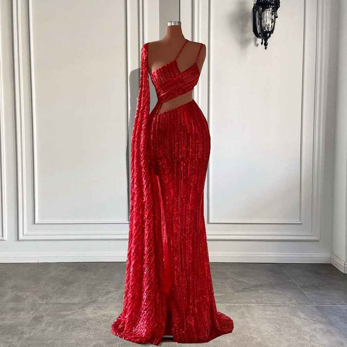 Long Evening Dresses Red Sequin Evening Dress High Slit Formal Party Gowns