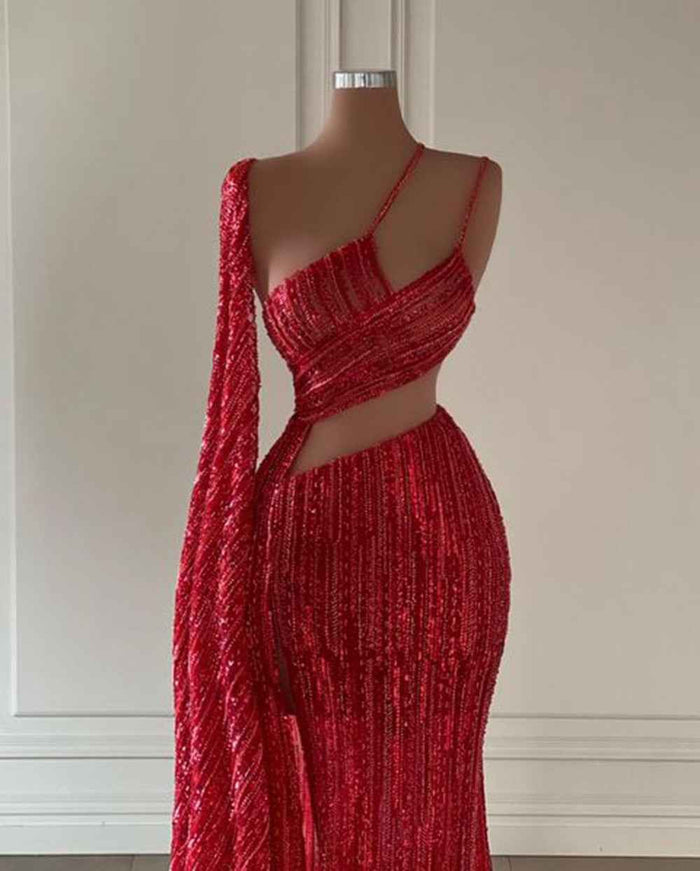 Long Evening Dresses Red Sequin Evening Dress High Slit Formal Party Gowns