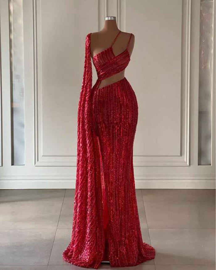 Long Evening Dresses Red Sequin Evening Dress High Slit Formal Party Gowns