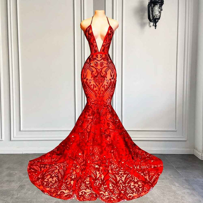 Long Sexy Halter Backless Sparkly Red Mermaid Prom Dress