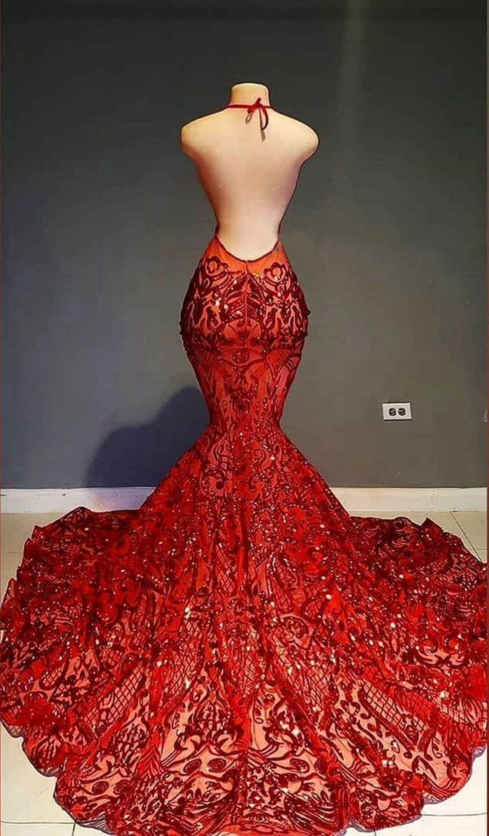 Long Sexy Halter Backless Sparkly Red Mermaid Prom Dress