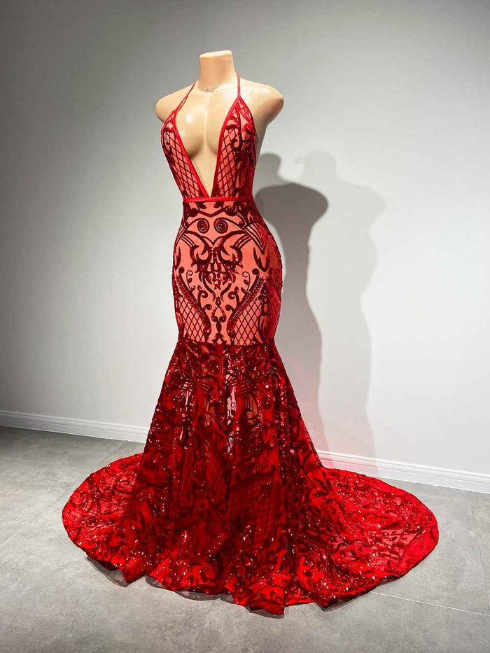 Long Sexy Halter Backless Sparkly Red Mermaid Prom Dress