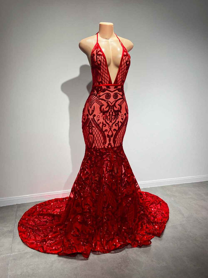 Long Sexy Halter Backless Sparkly Red Mermaid Prom Dress