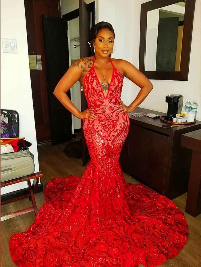 Long Sexy Halter Backless Sparkly Red Mermaid Prom Dress