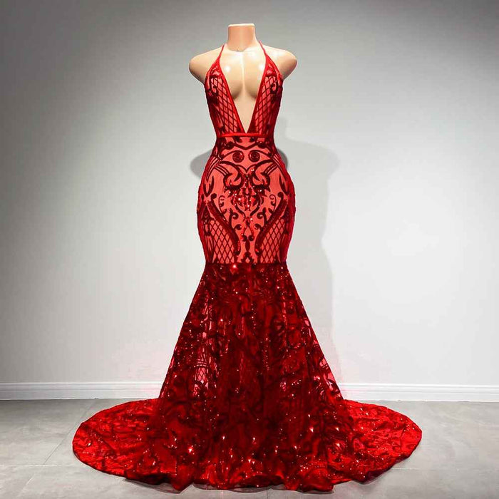 Long Sexy Halter Backless Sparkly Red Mermaid Prom Dress