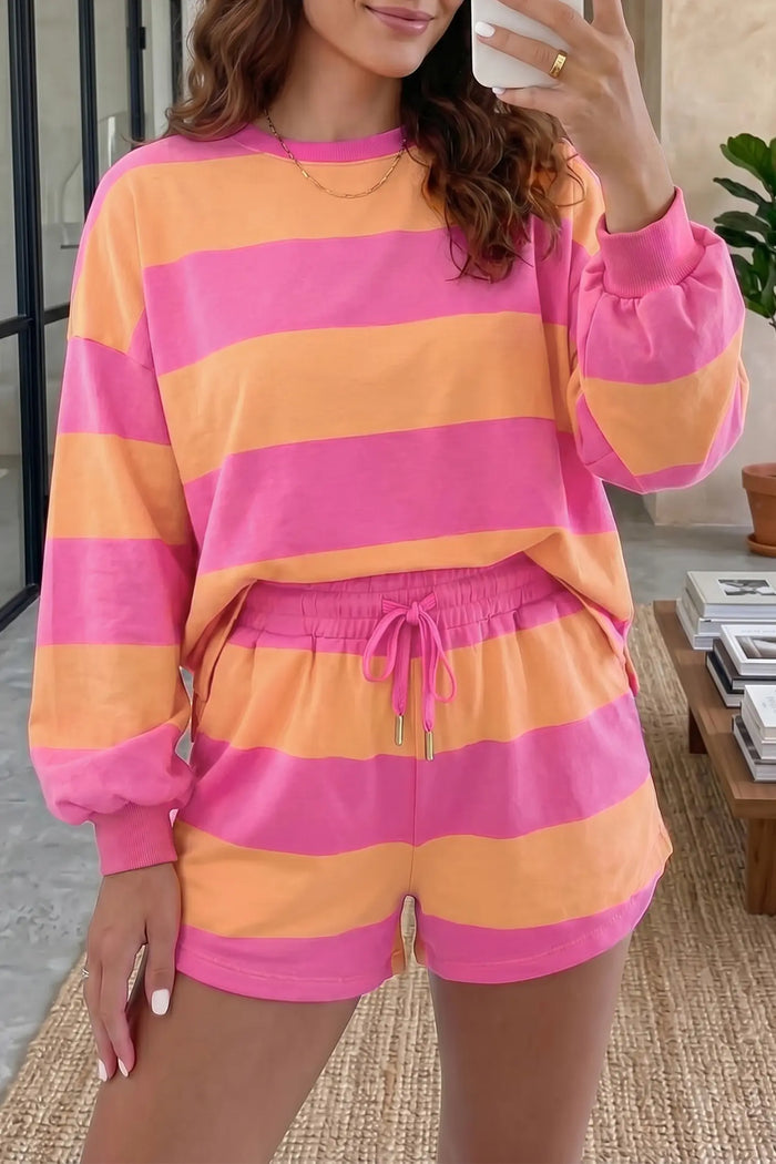 Long Sleeve Casual Top Drawstring Shorts 2pcs Set – Pink Stripe