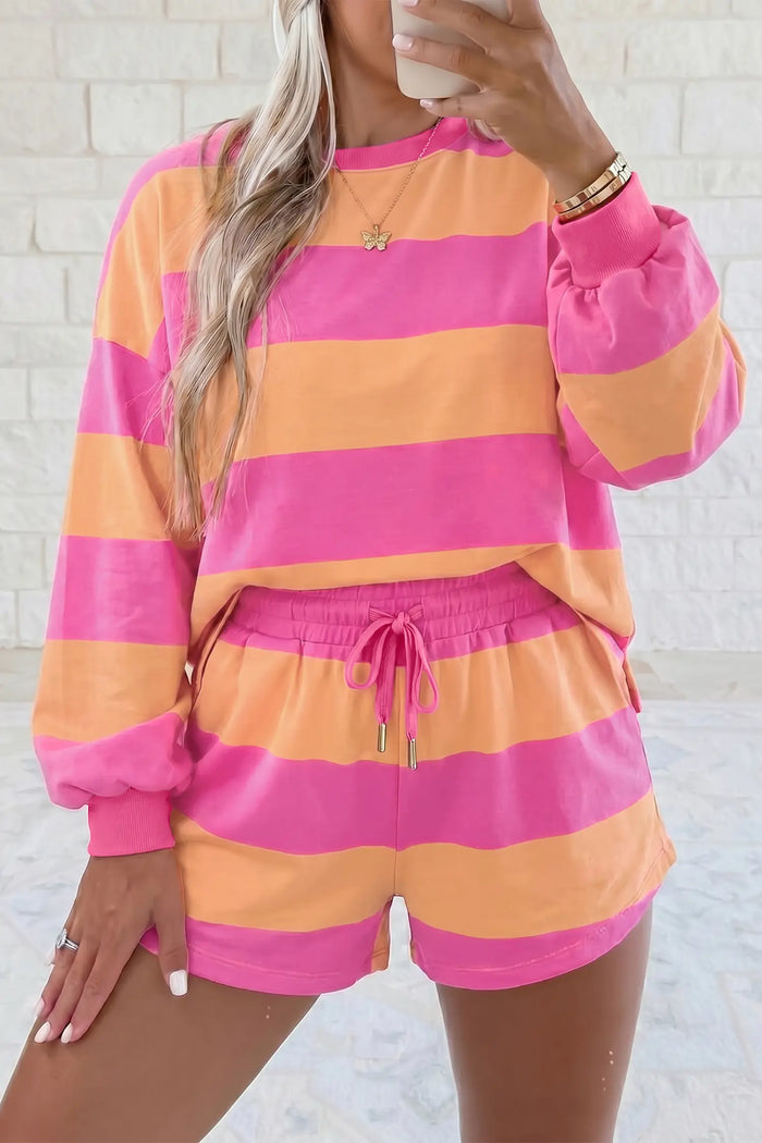 Long Sleeve Casual Top Drawstring Shorts 2pcs Set – Pink Stripe