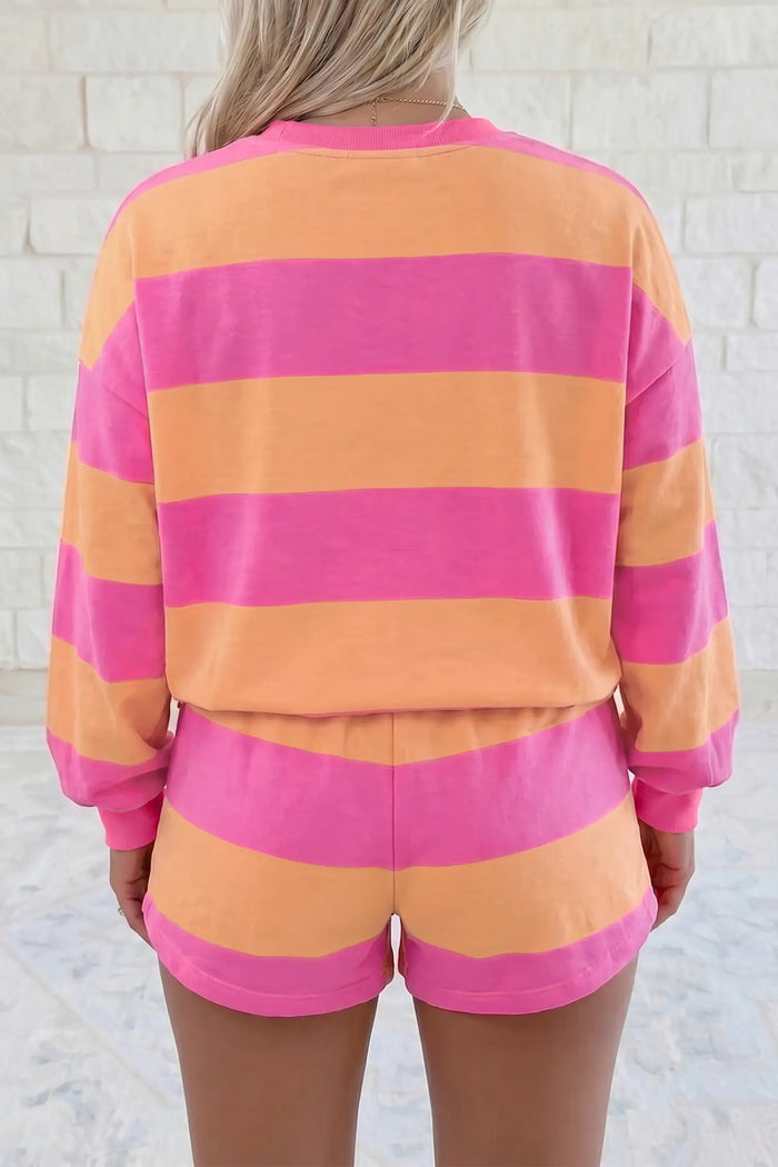 Long Sleeve Casual Top Drawstring Shorts 2pcs Set – Pink Stripe
