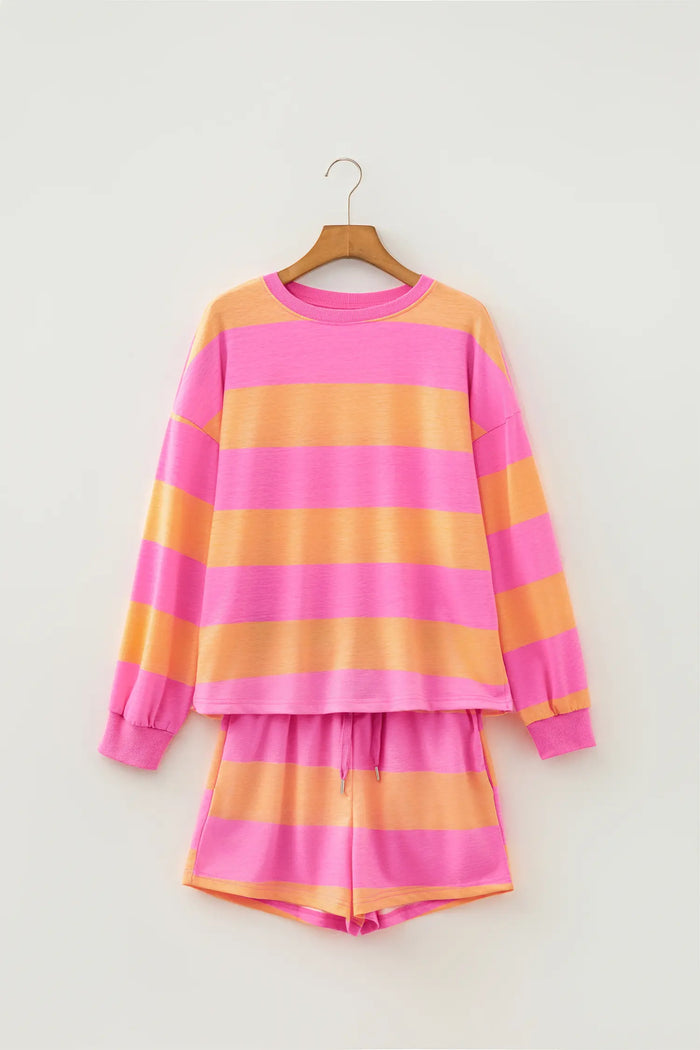 Long Sleeve Casual Top Drawstring Shorts 2pcs Set – Pink Stripe