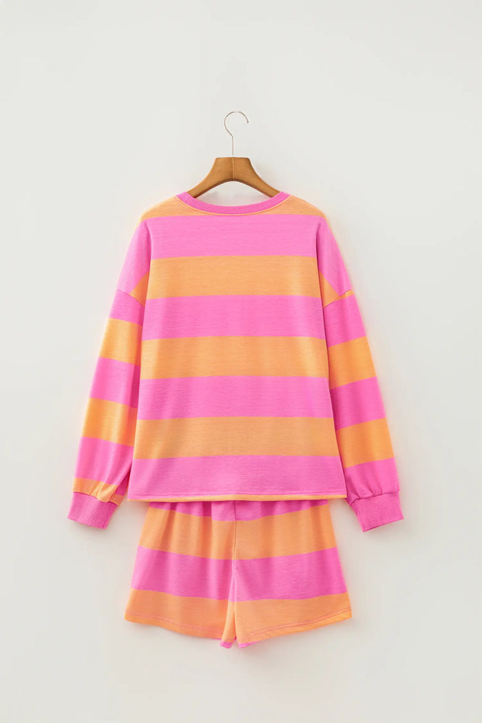 Long Sleeve Casual Top Drawstring Shorts 2pcs Set – Pink Stripe