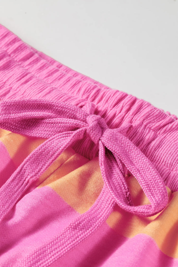 Long Sleeve Casual Top Drawstring Shorts 2pcs Set – Pink Stripe