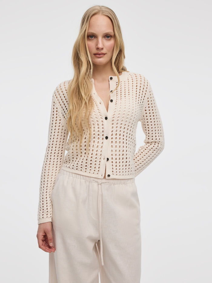 Long-Sleeve Crew-Neck Cardigan with Open Stitches